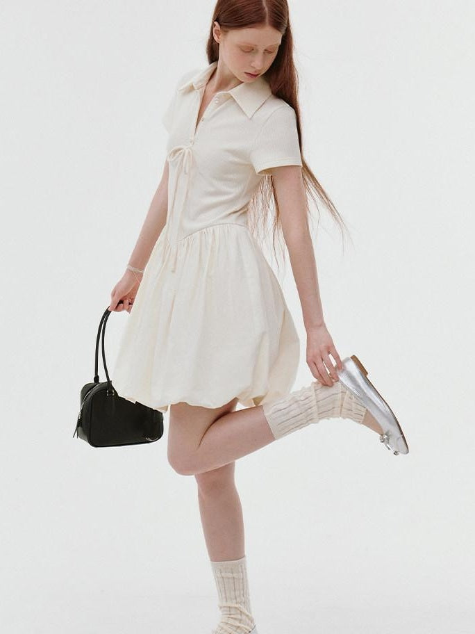 fano Stretch Short Sleeve Polo Cocoon Bubble Skirt Natural Waist Beige Midi Dresses