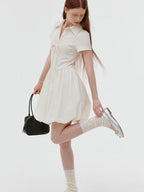 fano Stretch Short Sleeve Polo Cocoon Bubble Skirt Natural Waist Beige Midi Dresses