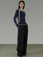 unspoken Tie Detail Slim Knit Pullover Asymmetrical Collar Office Viscose Blouses