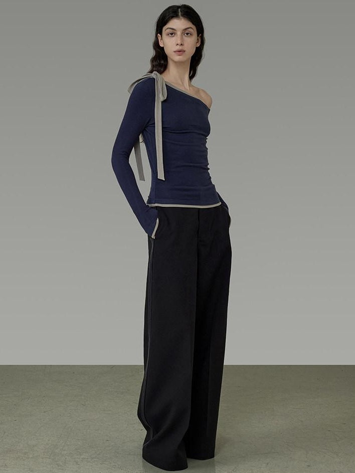 unspoken Tie Detail Slim Knit Pullover Asymmetrical Collar Office Viscose Blouses