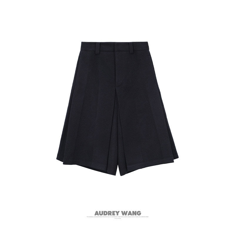 audreyyang_Pure_Wool_Casual_Loose_Natural_Waist_Zipper_Women_Black_Mid-Length_Shorts_MISSTT