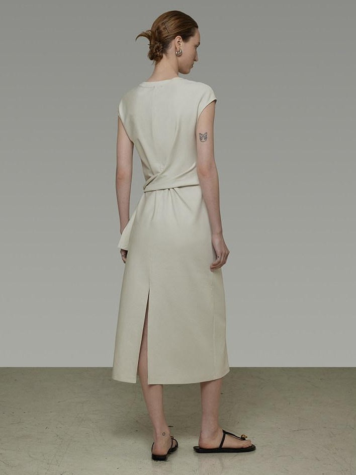 unspoken Cotton Blend Tie Waist Minimalist Commuter Short Sleeve U Neck Maxi Dresses
