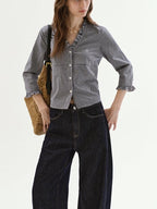 fano Warm Cotton V-neck Tie Slim Minimal 3 4 Sleeve Blue White Check Work Blouses