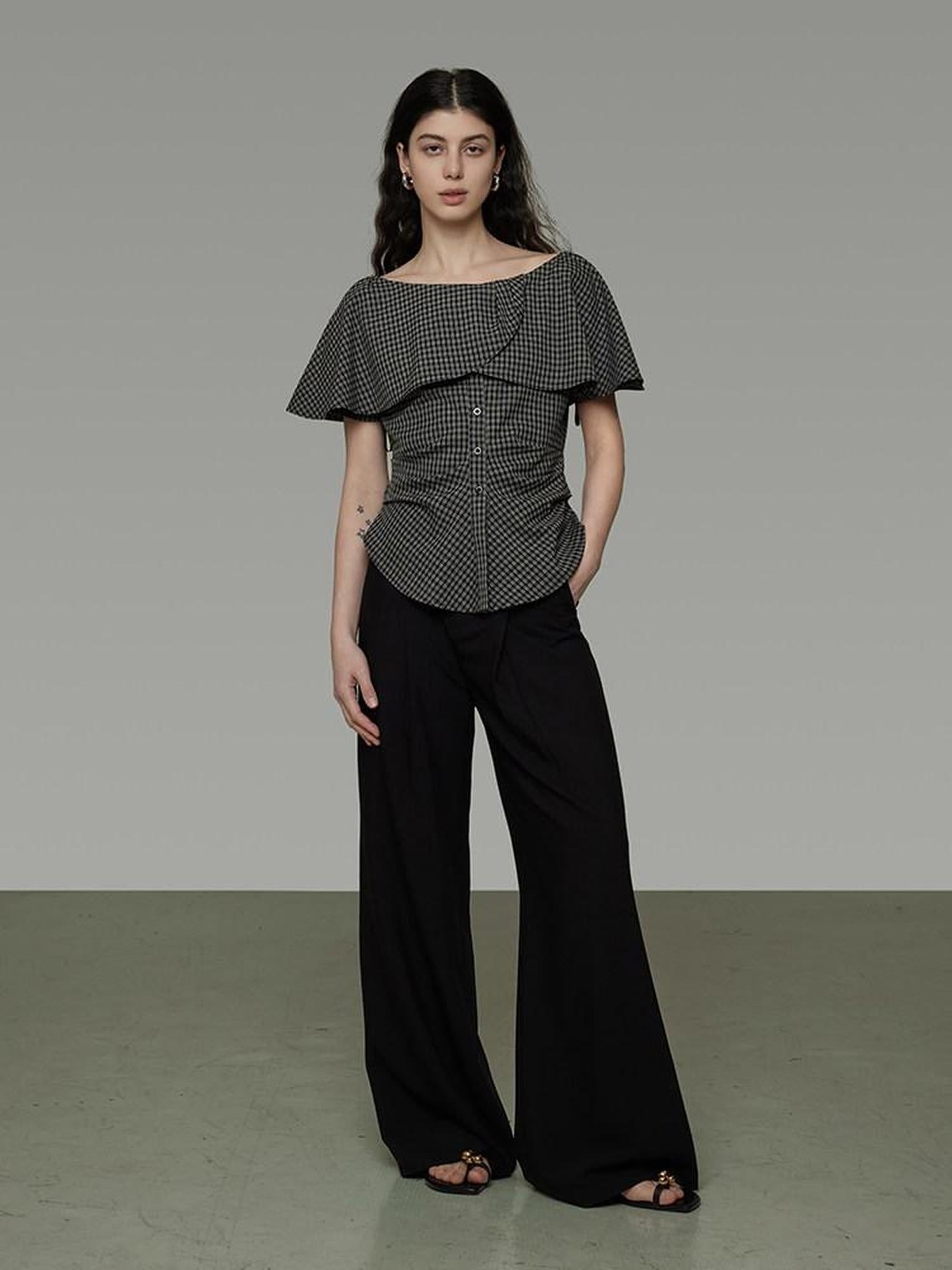 unspoken Breathable Minimal Loose Ruffle Boatneck Women Plaid Button Short Sleeve Blouses