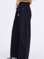 fano 100 Percent Cotton Casual Navy Natural Waist Womens Wide Leg Jeans
