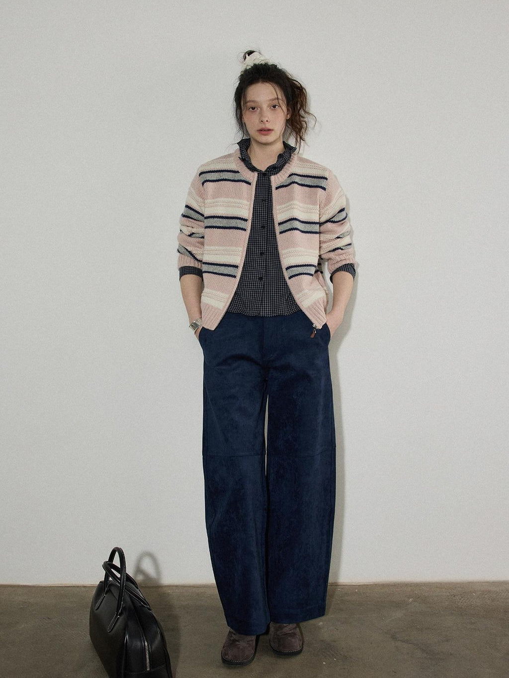 Lofi choose High Waist Stretch Wide Leg Zip Office Casual Women Brown Navy Straight Pants