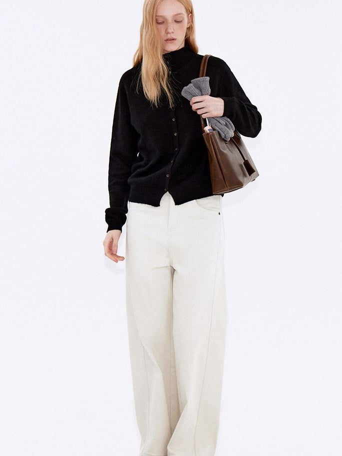 fano Wool Cashmere Blend Warm High Neck Loose Fit Women Button Solid Cardigans