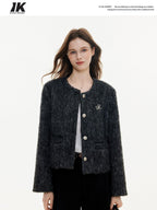 ikyou Wrinkle Free Korean Commuter Straight Fit Polyester Tweed Cropped Jackets