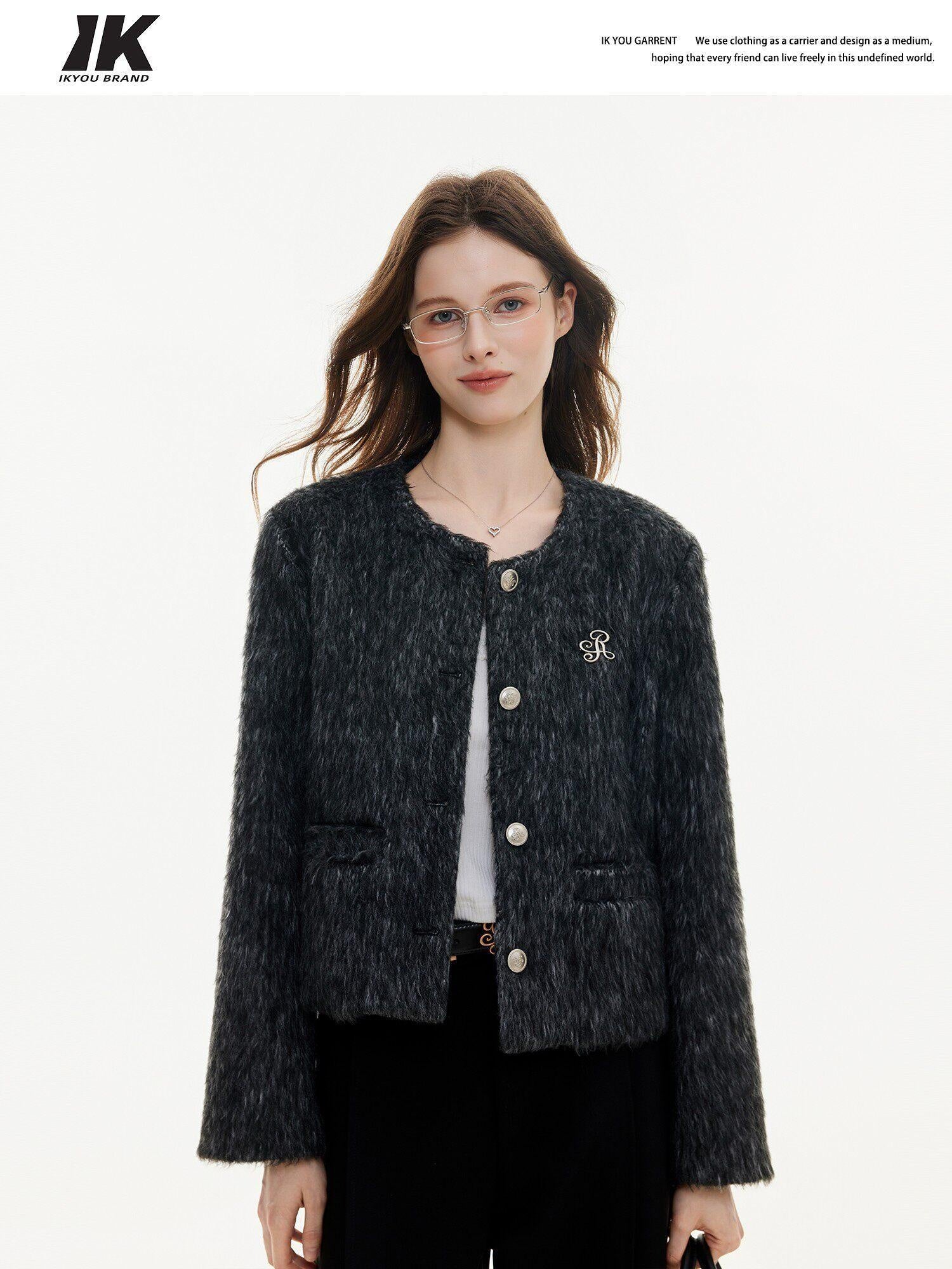 ikyou Wrinkle Free Korean Commuter Straight Fit Polyester Tweed Cropped Jackets