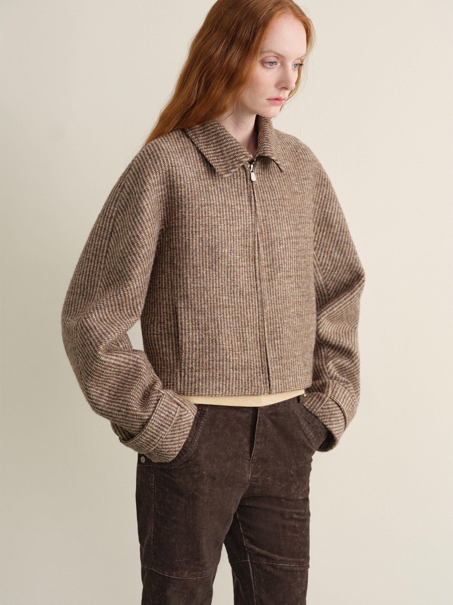 someone sometimes Wool Blend Retro Loose Zip Lapel Long Sleeve Women Multicolor Cropped Jackets