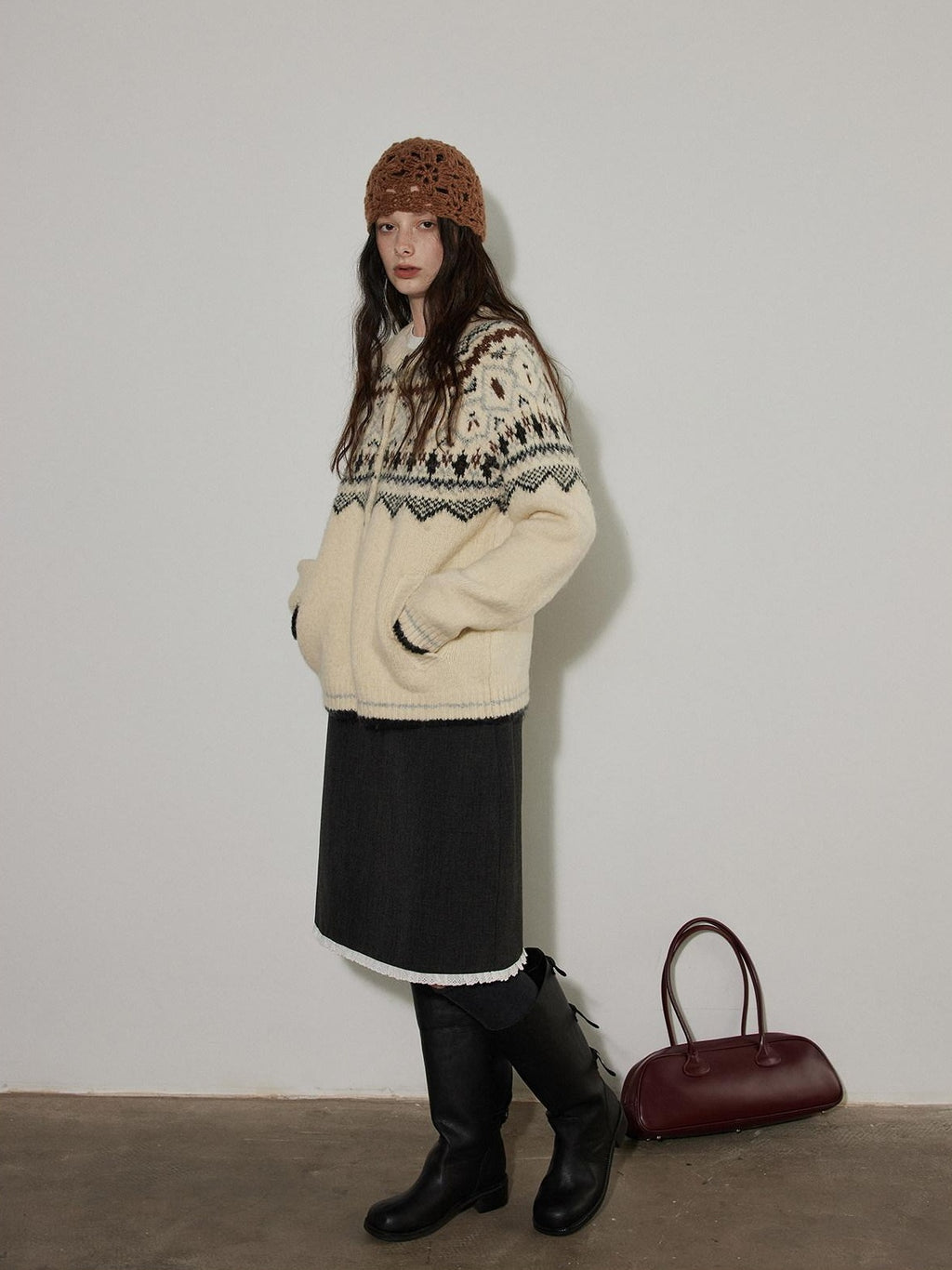 Lofi choose Soft Thick Knit Retro Geometric Button Front Round Neck Women Cream Cardigans