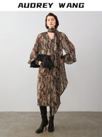 audreyyang Black Polka Dot Viscose Blend Puff Sleeve Cinched Waist Women Maxi Dresses
