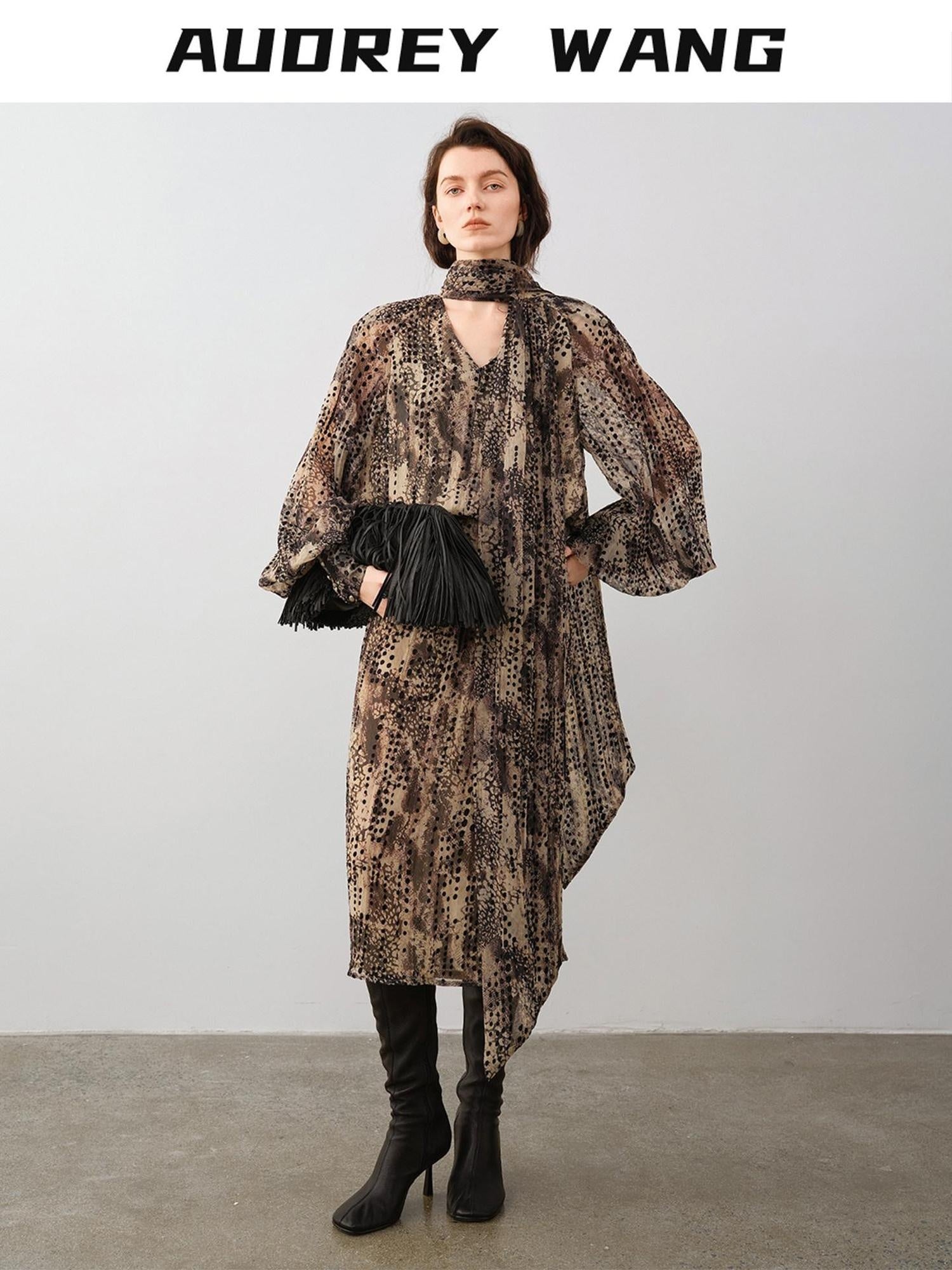 audreyyang Black Polka Dot Viscose Blend Puff Sleeve Cinched Waist Women Maxi Dresses