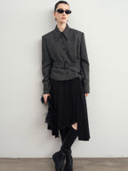 audreyyang Hand Pleated Lined Asymmetrical A Line Mid Waist Polyester Blend Midi Skirts