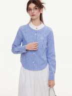 ikyou Breathable Cottonblend Slim Fit Embroidered Stripe Round Neck Women Tops Blouses