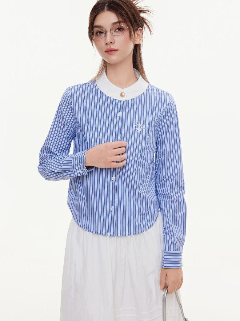 ikyou Breathable Cottonblend Slim Fit Embroidered Stripe Round Neck Women Tops Blouses