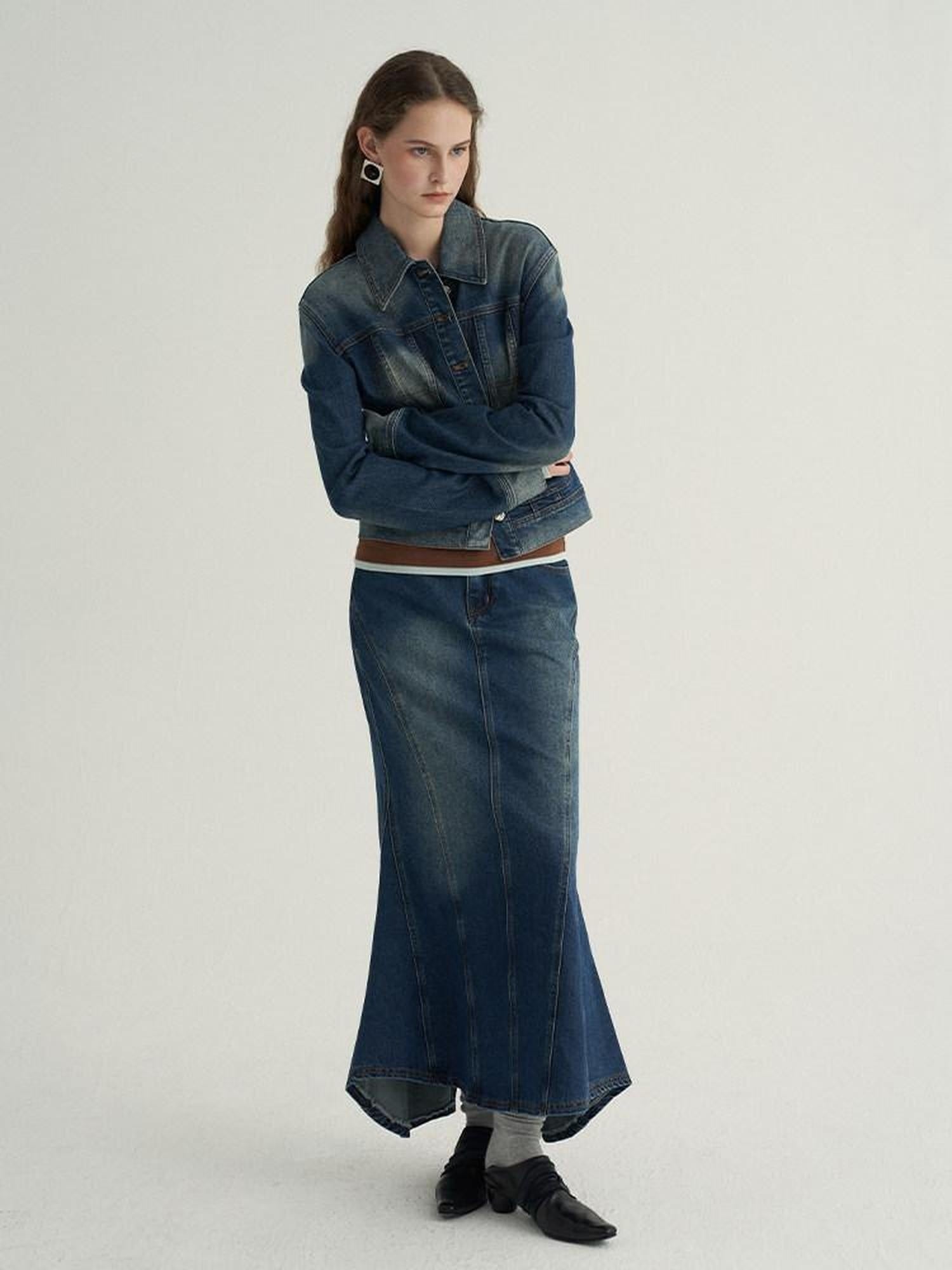 someone sometimes High Cotton Denim Blue Long Sleeve Collared Buttoned Women Top & Skirt Sets