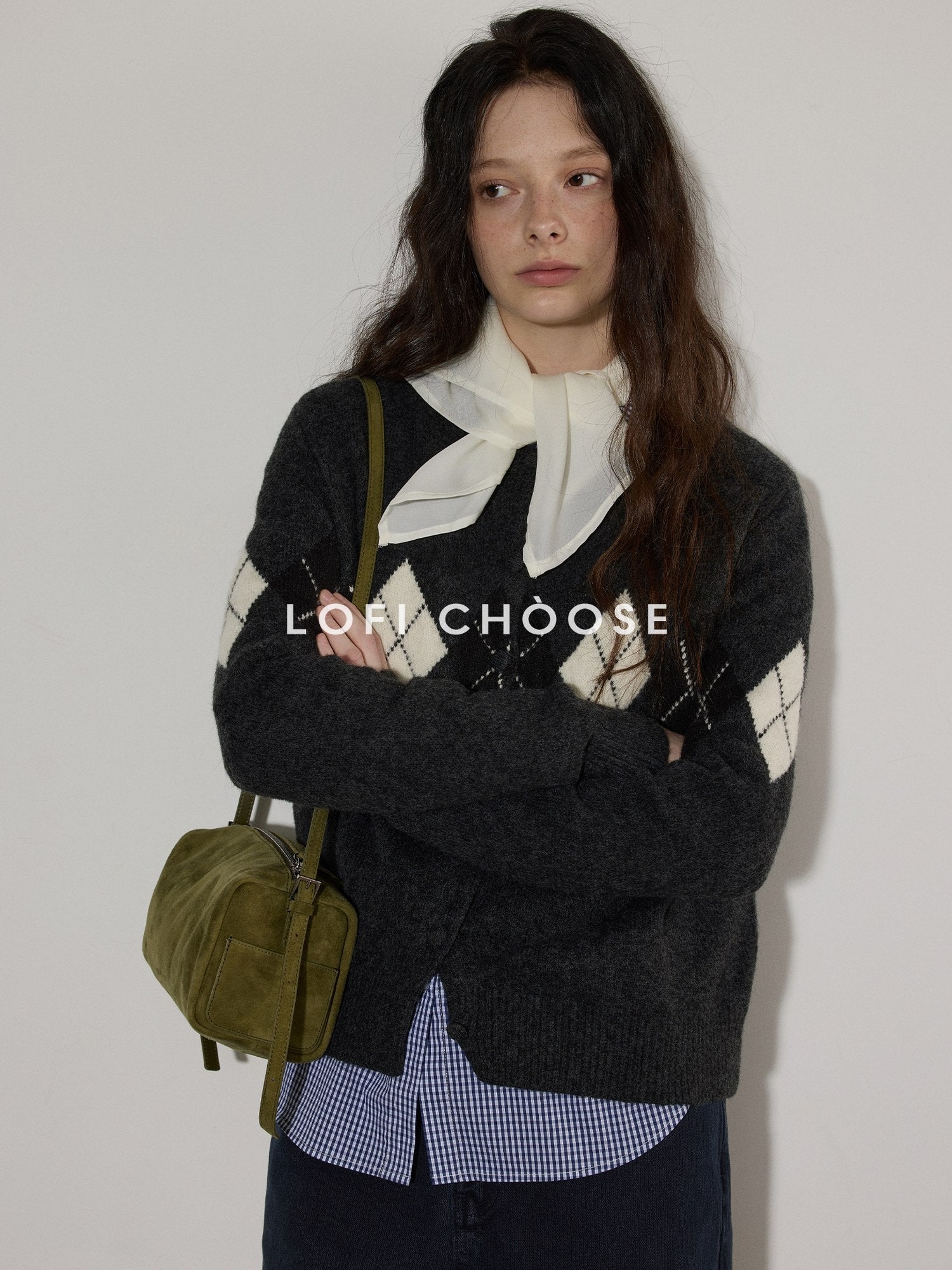 Lofi choose Cozy Acrylic Wool Blend Loose Fit Office Argyle Buttoned Women Cardigans