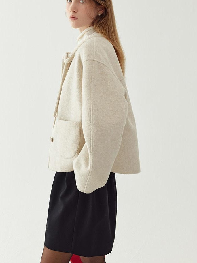 fano Wool Blend Minimal Single Breasted Vneck Pockets Women Cropped Jackets
