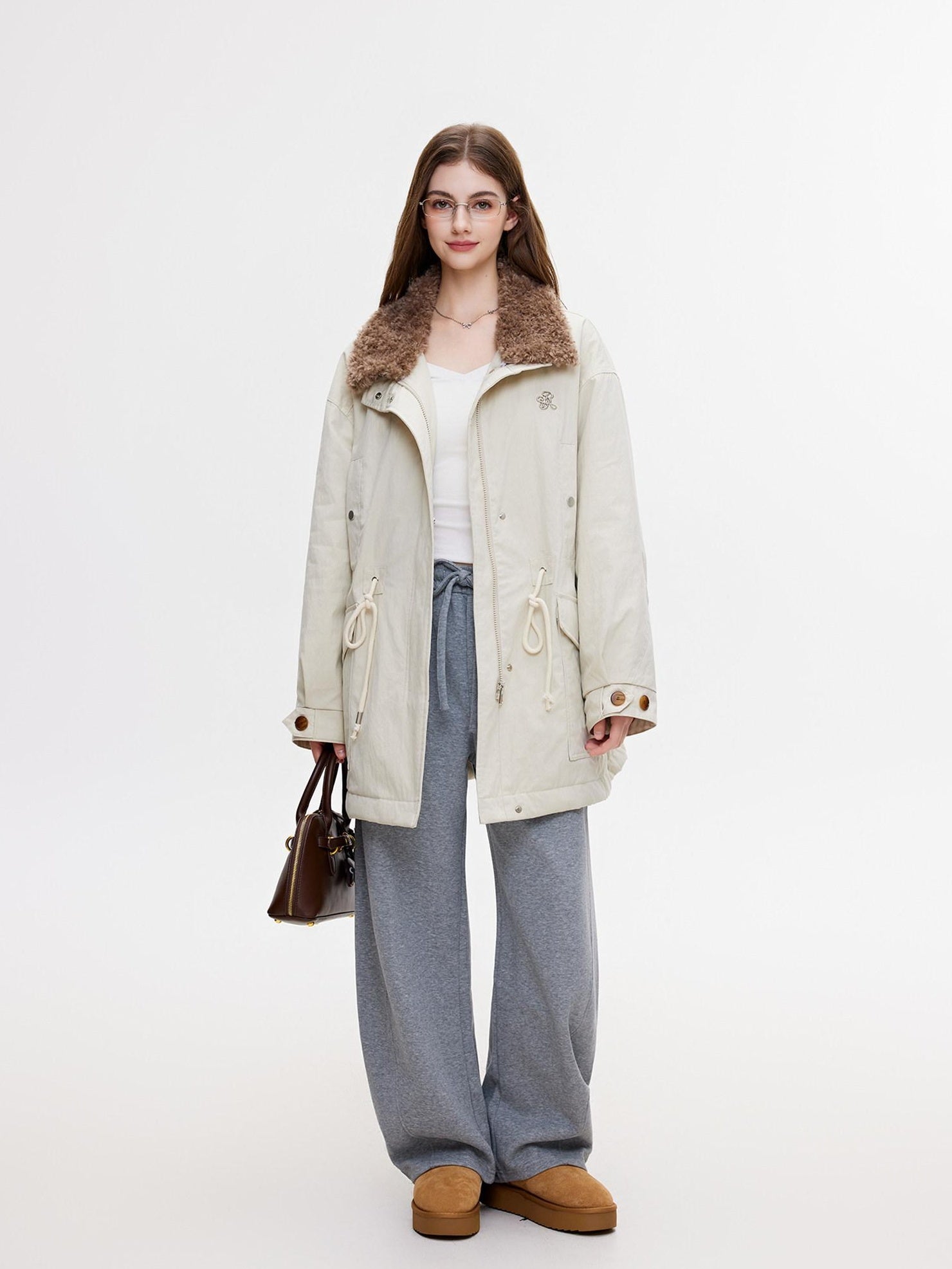 ikyou Warm Casual Pockets Elastic Waist Women Light Gray Stretch Wide Leg Pants