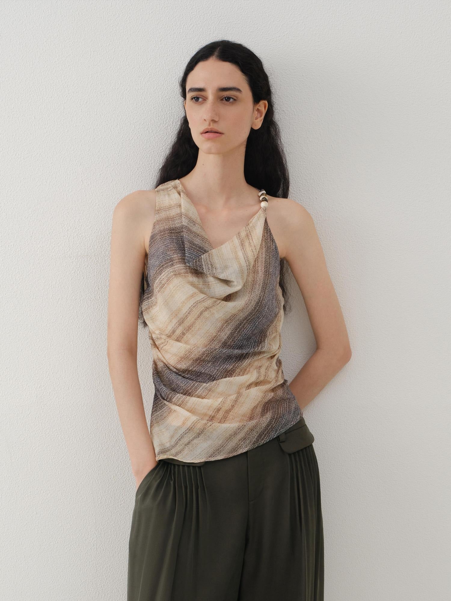 someonesometimes Original Asymmetric Patchwork Striped Slim Curve Khaki Brown For Women Vest