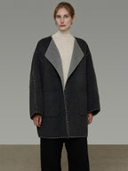 unspoken Warm Thick 3D Tailored Loose Fit Lapel Collar Commuter Women Charcoal Wool Coats