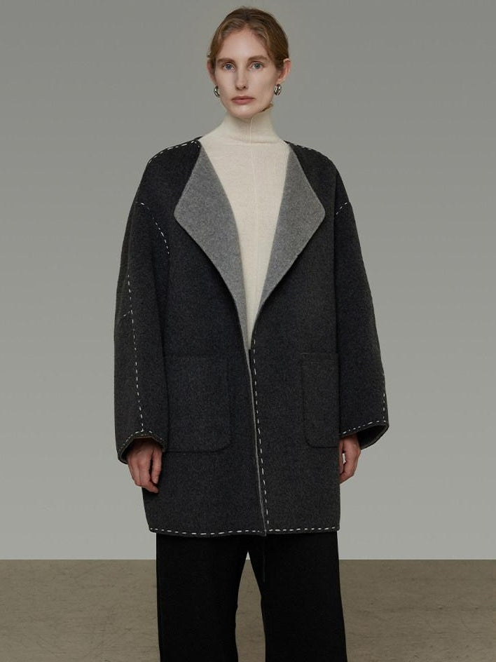 unspoken Warm Thick 3D Tailored Loose Fit Lapel Collar Commuter Women Charcoal Wool Coats