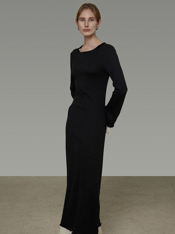 unspoken Slim Waist Colorblock Aline Knit Bell Sleeve Office Women Breathable Maxi Dresses