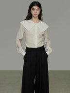 unspoken Lyocell Embroidered Doll Collar Loose Fit Women White Button Long Sleeve Blouses