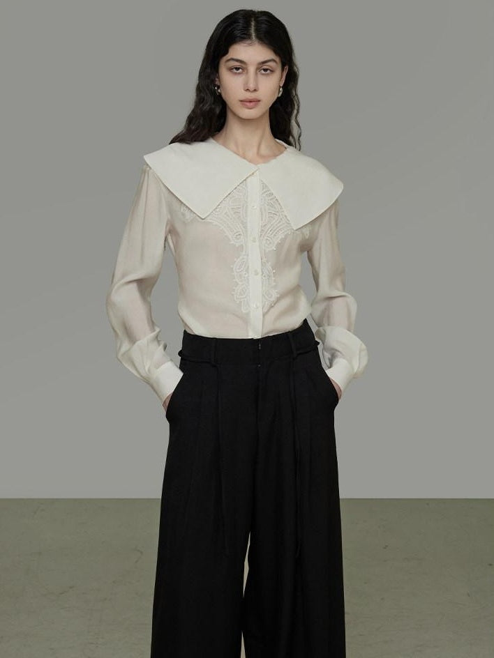 unspoken Lyocell Embroidered Doll Collar Loose Fit Women White Button Long Sleeve Blouses