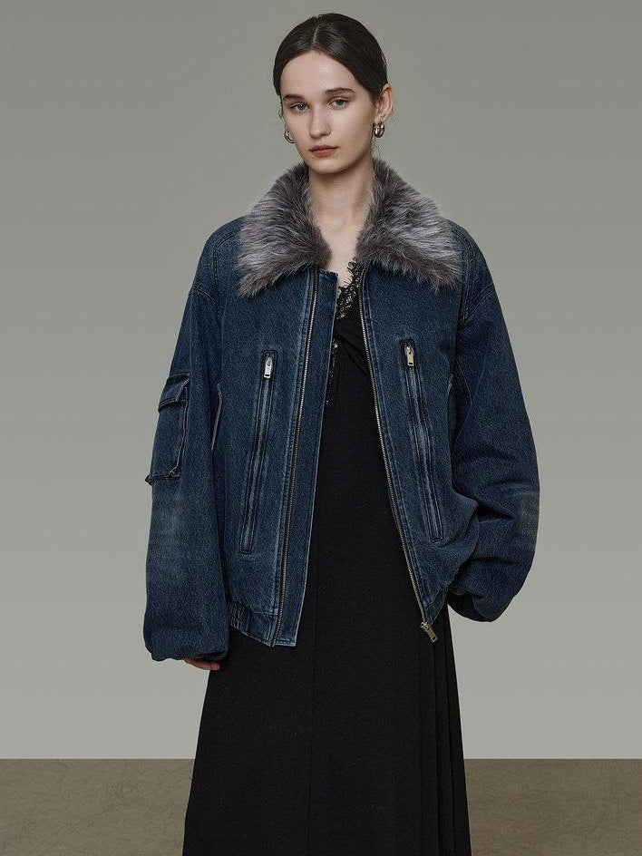unspoken Warm Cotton Blend Loose Commuter Zipper Fur Collar Blue Gray Denim Jackets