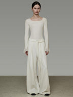 unspoken High Waist Drawstring Minimalist Breathable White Women Wide Leg Pants