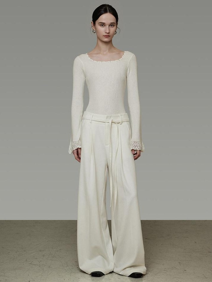 unspoken High Waist Drawstring Minimalist Breathable White Women Wide Leg Pants