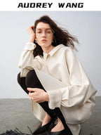 audreyyang Wrinkle Resistant Minimalist Loose Fit Turn Down Collar Women Polyester Shirts