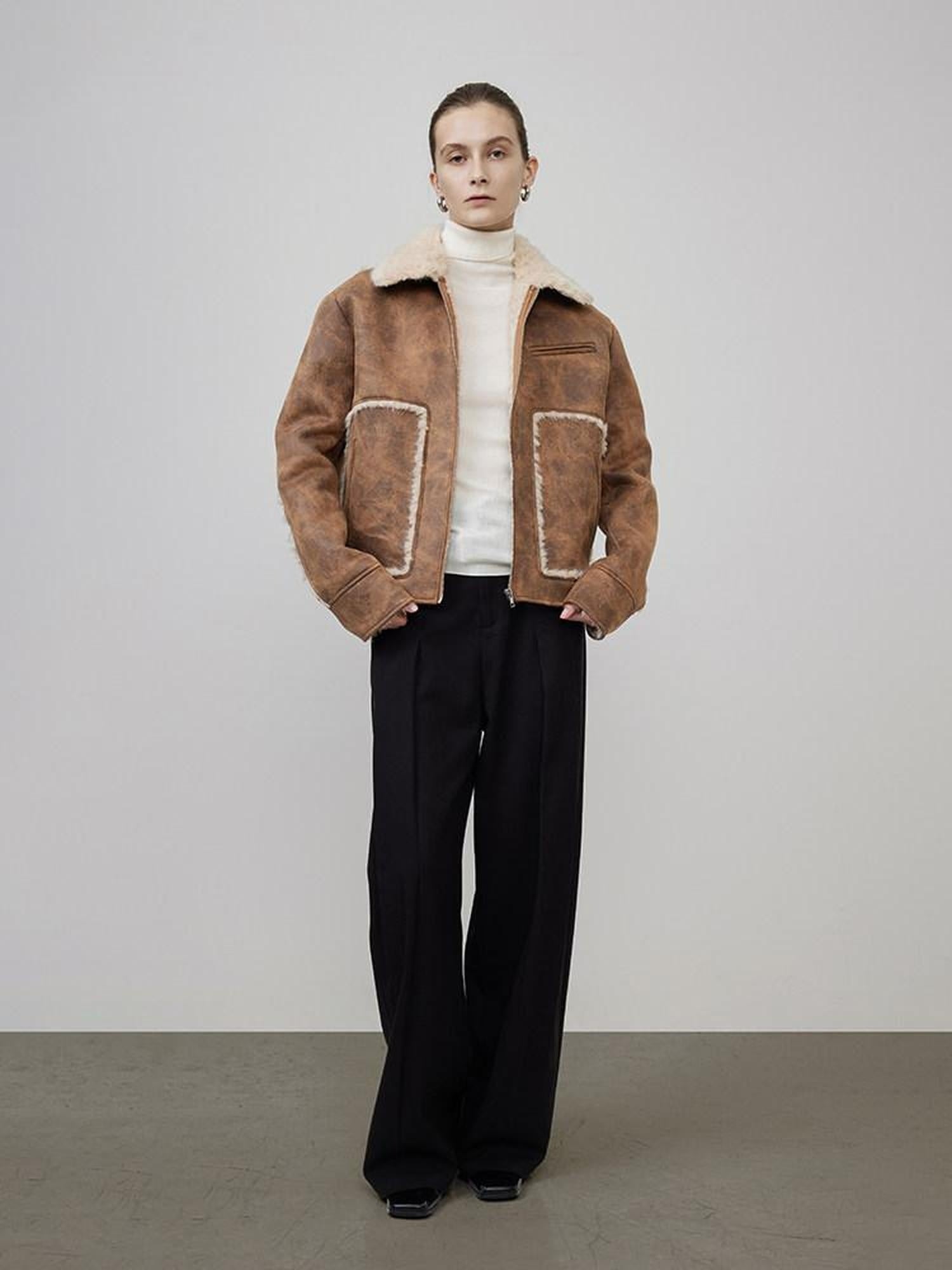unspoken Faux Fur Lined Oversized Zip Pocket Barn Style Women Khaki Leather Jackets