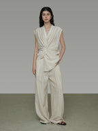 unspoken Breathable Linen Blend Sleeveless V-neck Tie Front Loose Fit Work White Blouses