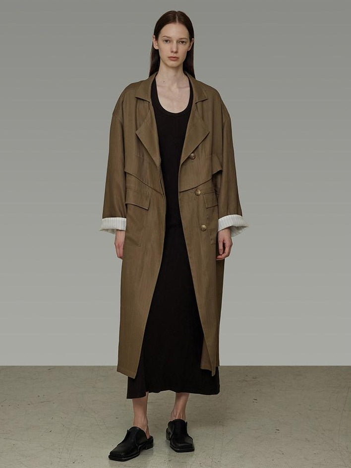 unspoken Minimalist Commuter Loose Long Single Breasted Women Olive Brown Trench Coats