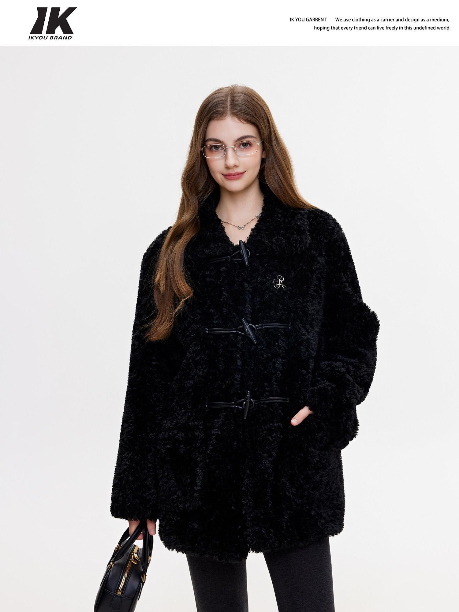 ikyou Padded Non Iron Pocket Toggle Korean Oversized Women Mid Length Black Long Coats
