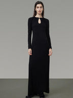 unspoken Waist Cinch Commuter Long Sleeve Drop Neck Black Womens Hline Maxi Dresses