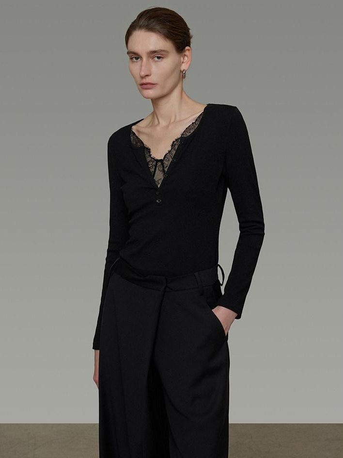 unspoken Viscose Knit Casual Slim Lace Trim Women V-neck Long Sleeve Black Blouses