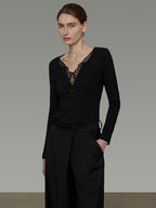 unspoken Viscose Knit Casual Slim Lace Trim Women V-neck Long Sleeve Black Blouses