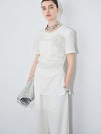 audreyyang Embroidered Slim Fit Office White Crew Neck Women Polyester Short Sleeve T-Shirts
