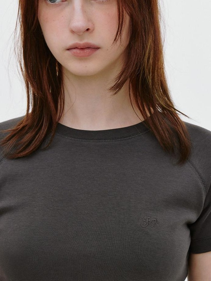 fano Soft Cotton Stretch Korean Slim Fit Short Sleeve Deep Gray Basic Crop Tops