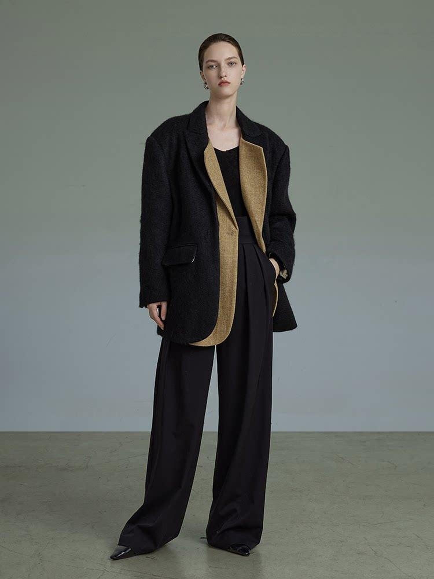 unspoken Original Thick Loose Fit Single Breasted Commuter Women Mustard Black Blazers