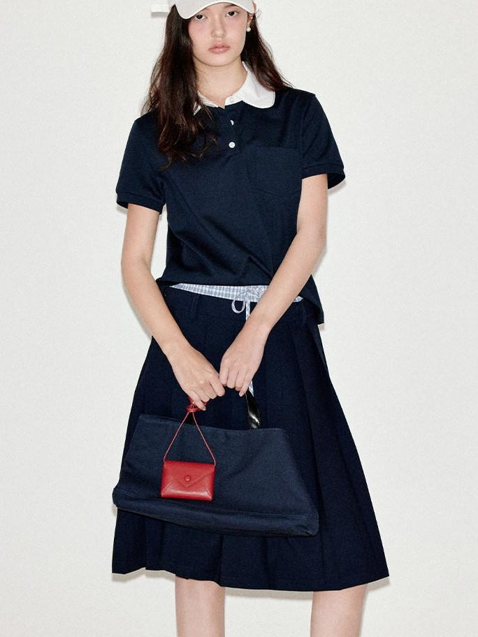 fano Patchwork Slim Korean Henley Neck Cross Navy Short Sleeve T-Shirts