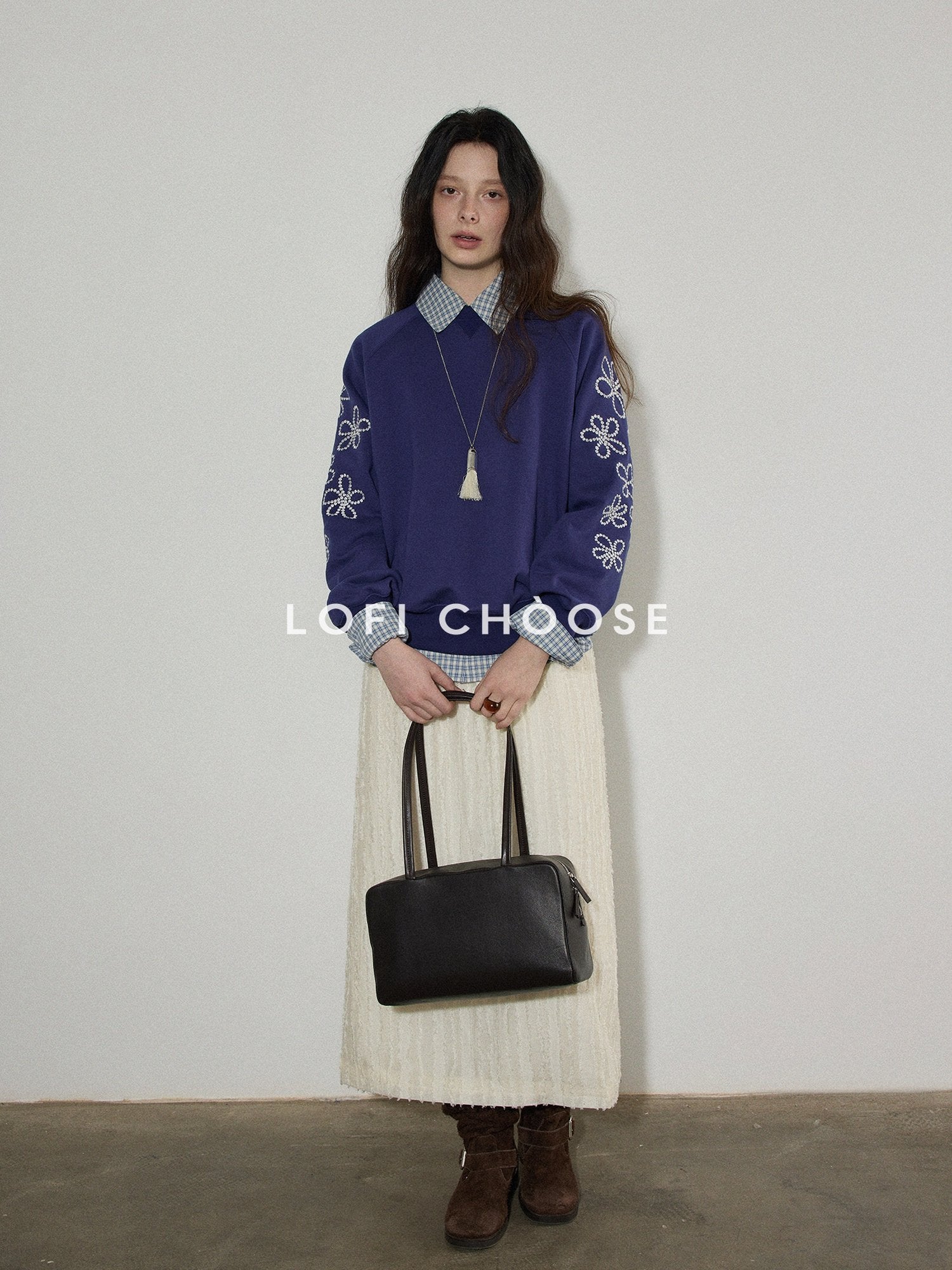 Lofi choose Floral Print Loose Fit Office Crewneck Women Blue Gray Long Sleeve Sweatshirt