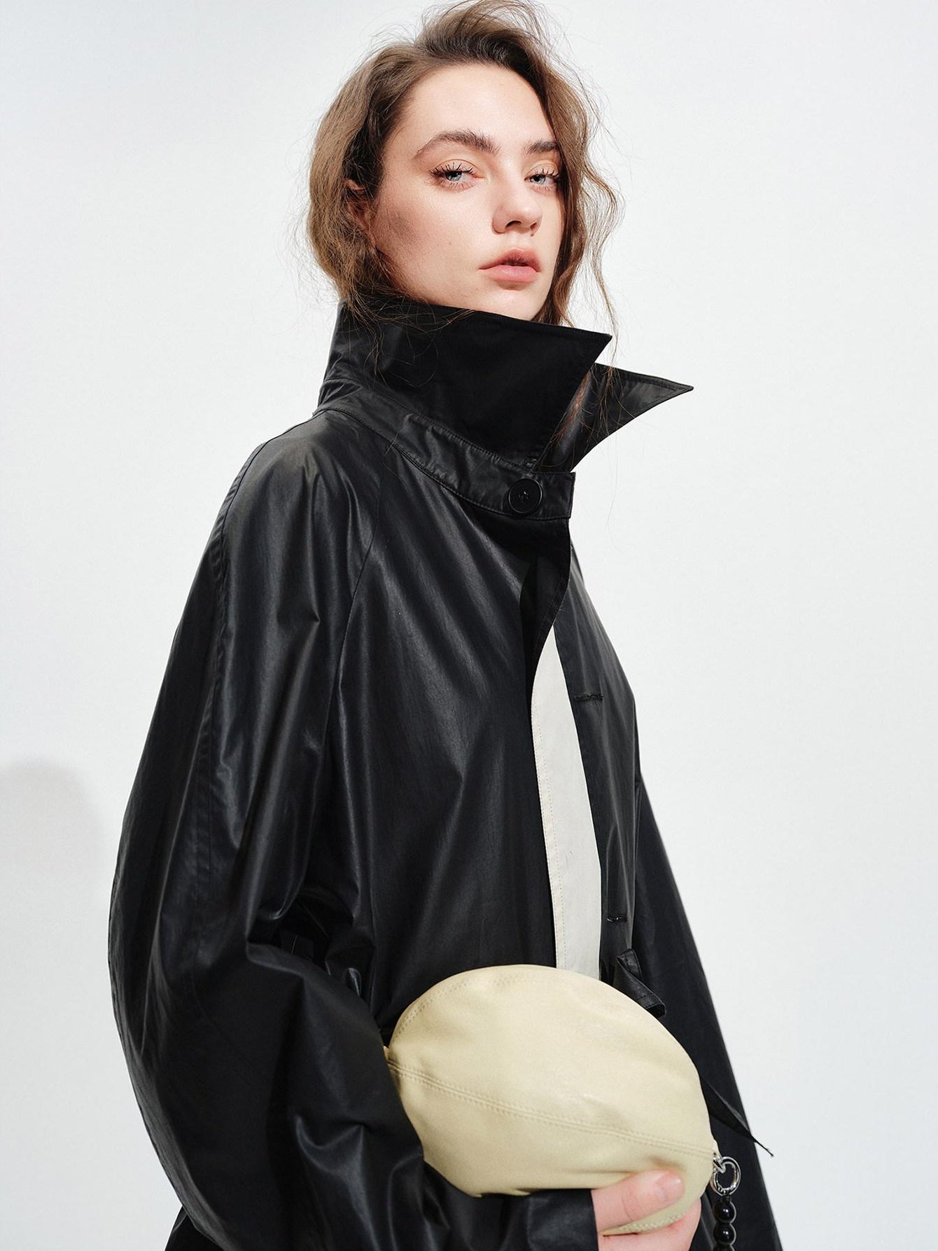 audreyyang Detachable Belt Pure Cotton Loose Long Single Breasted Women Black Trench Coats