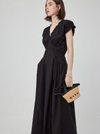 fano Pleated High Waist A Line V-neck Flutter Sleeves 100% Cotton Casual Maxi Dresses