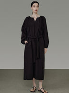 unspoken Cotton Loose Waist Minimalist V-neck Long Sleeve Casual Black Maxi Dresses