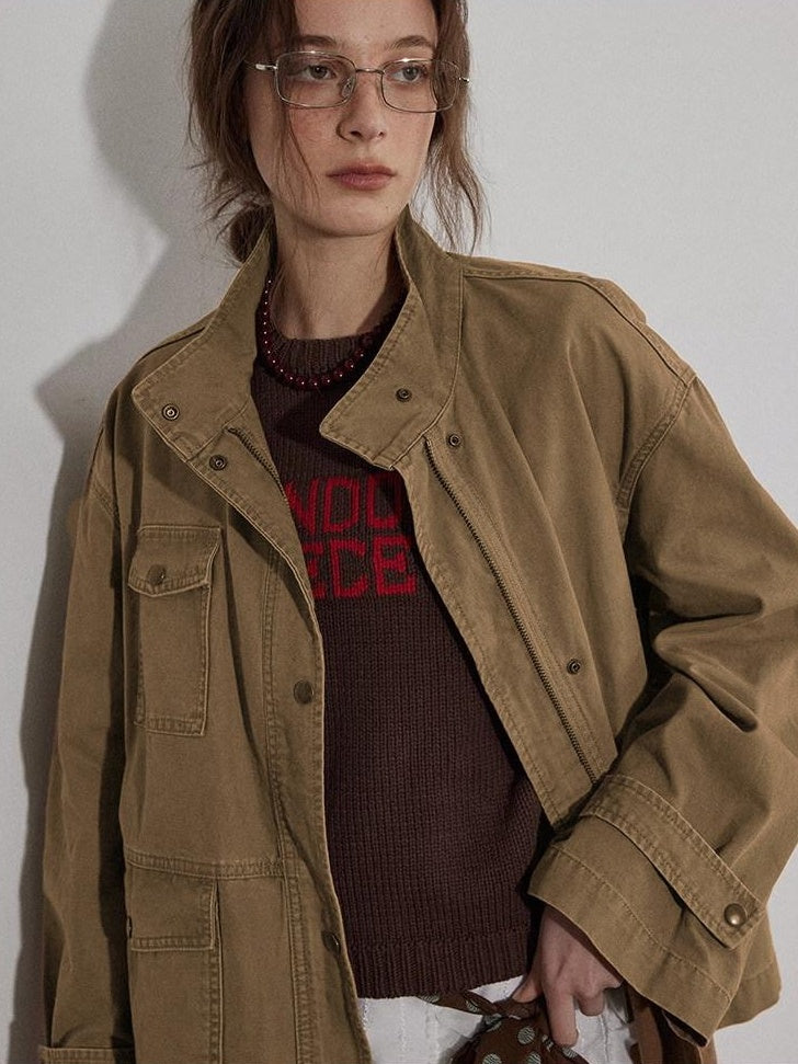 Lofi choose Airy Loose Fit Commuter Lapel Button Longsleeve Solid Khaki Cropped Jackets